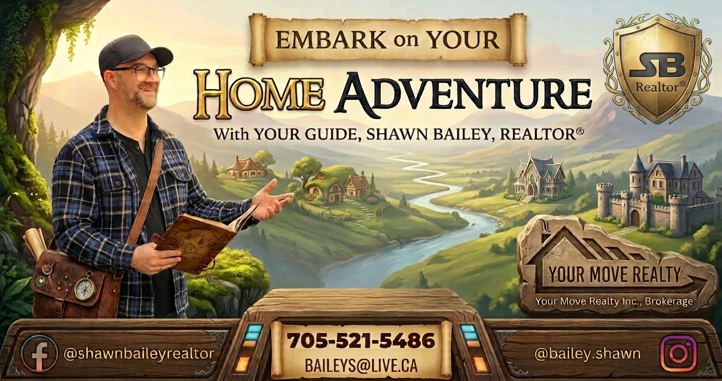 Embark on your home adventure with your guide, Shawn Bailey, Realtor® — storybook illustration of rolling hills, cottages and a castle